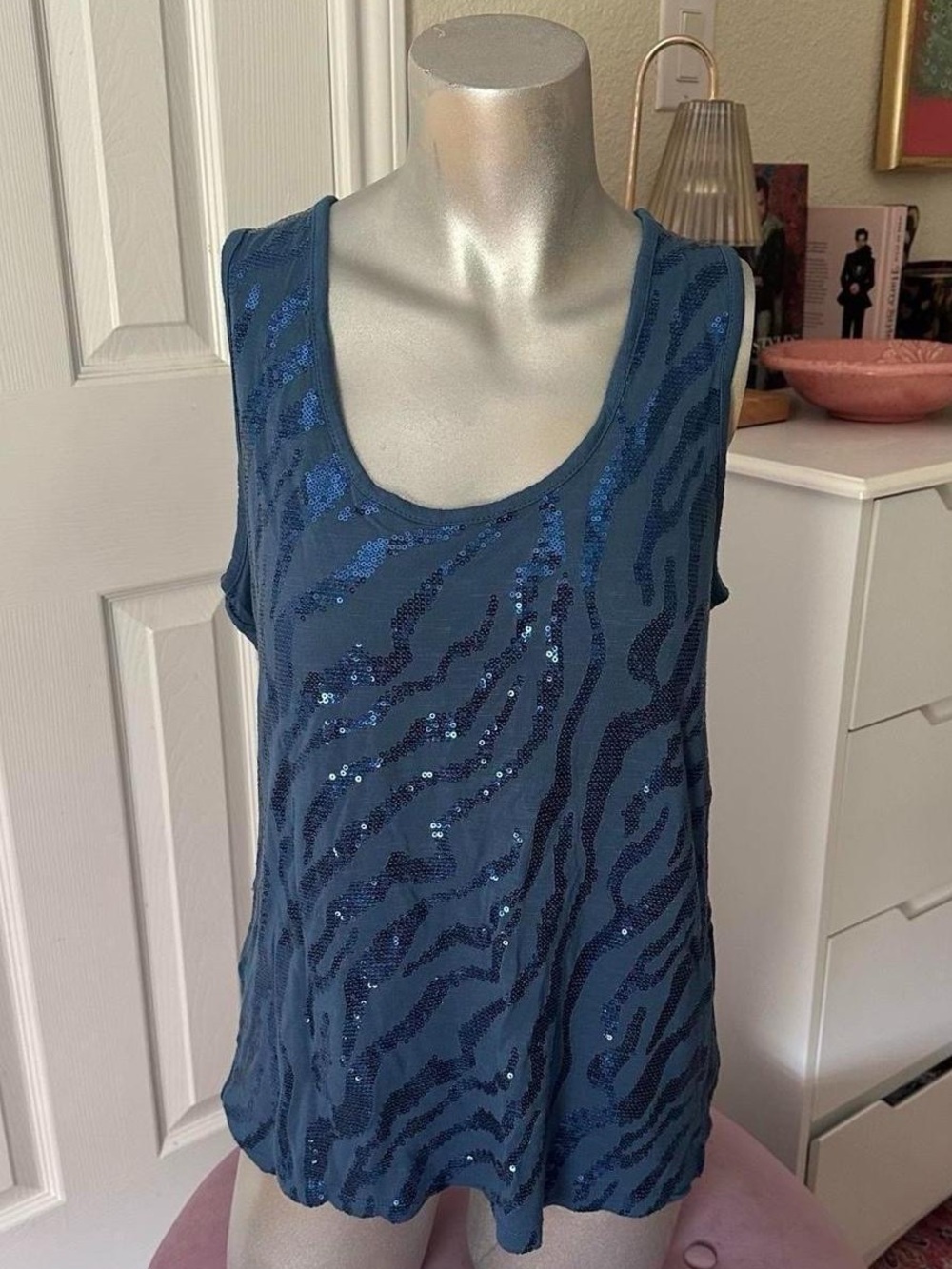 89th & Madison Blue Sequin Zebra Print Tank
